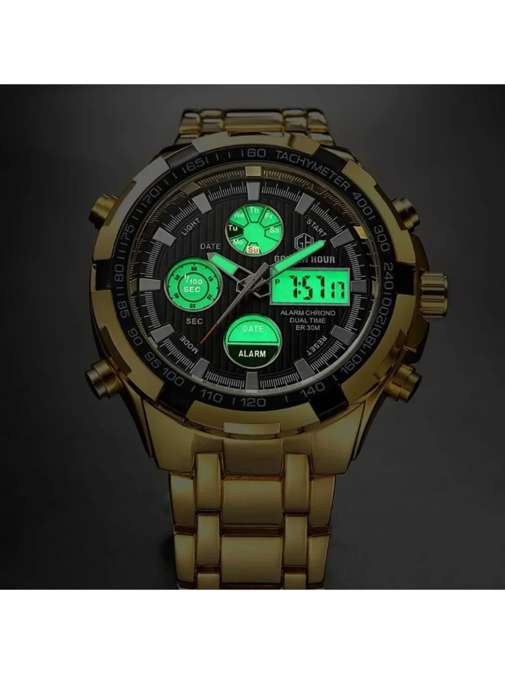 Men's Gold Black Stainless Steel Analog Digital Outdoor Waterproof Luxury Watch